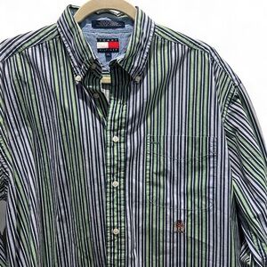 Vintage 90s Tommy Hilfiger Striped Button Down Men’s L Navy, Light Blue & Green
